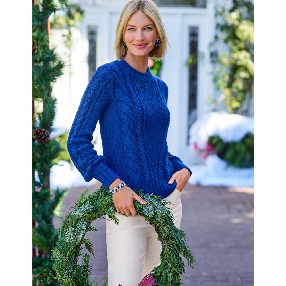 Talbots Women's Blue Cable Knit‎ Balloon Sleeve Sweater Wool Blend Large $109